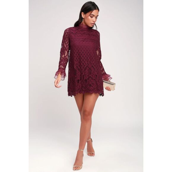 NWT Lulus Burgundy Maroon Lace Mini Dress Chiffon Ruffle & Collar Detail Size‎ S - Picture 3 of 12